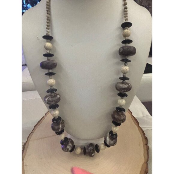 Artisan Natural Stone Necklace Handcrafted Jasper, Fossil & Onyx Beads Statement - Picture 3 of 14